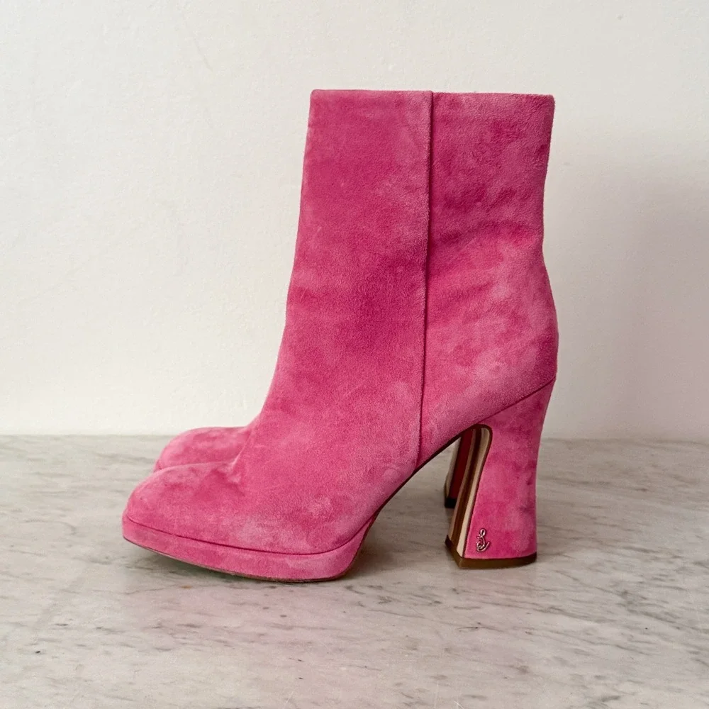 Sam Edelman Suede Ankle Boots Pink Square Toe Block Heel Platform 8 Pink Retro